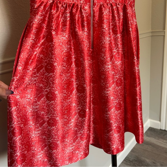 The Limited Structured High Neck A-Line Red Satin Lace Rose Print Dress Women’s - Picture 6 of 10